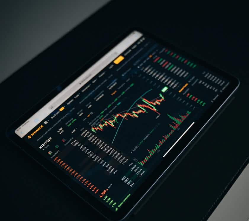 tablet showing a trading chart with yellow price action