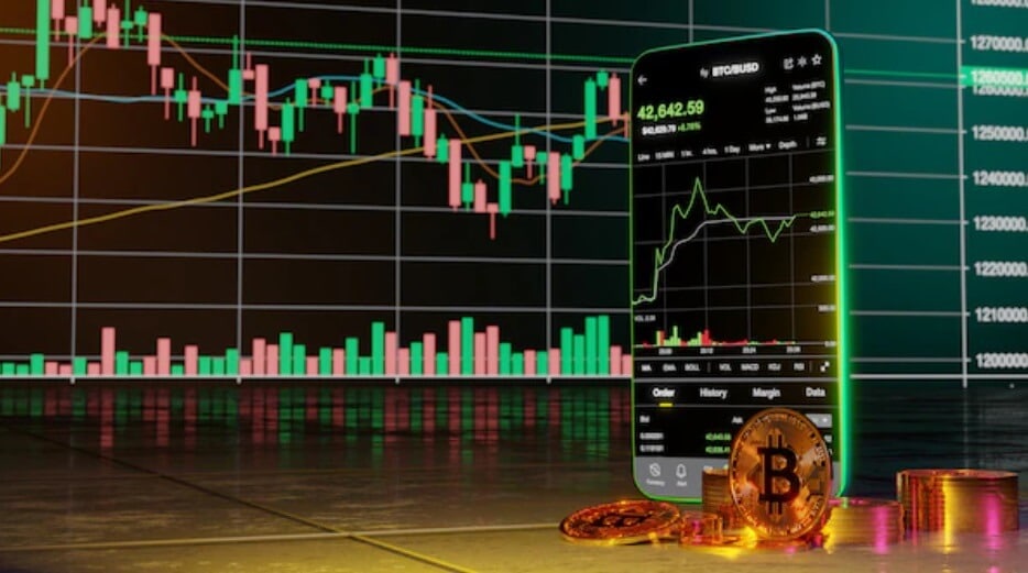 close up of trading chart and cellphone that is green and black