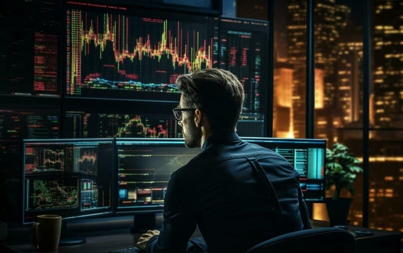 man sitting in front of multiple monitors showing trading chart