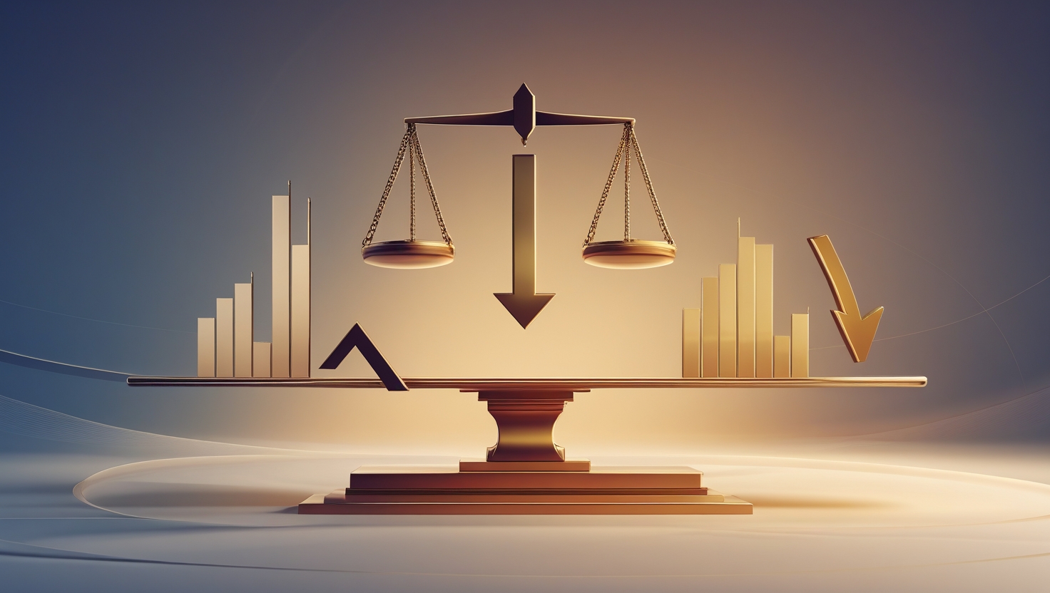 Conceptual image representing the balance of market forces in Forex, featuring a classic balance scale with a gold arrow pointing downwards, positioned centrally against a soft beige background. On the left, a series of white ascending bars symbolizes rising trends, while on the right, a golden descending arrow with bars represents falling trends, illustrating the BOS in Forex trading dynamics.