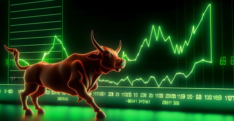 bull in front of green trading chart