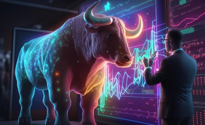 purple digital bull in front of trading chart