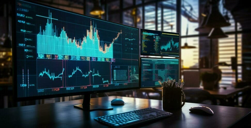 futuristic trading setup with computer showing forex chart