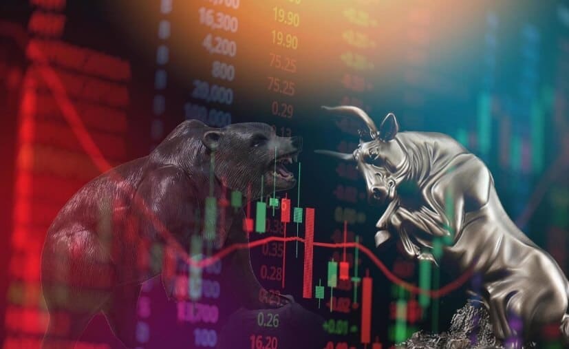 bull and bear fighting with forex chart overlay