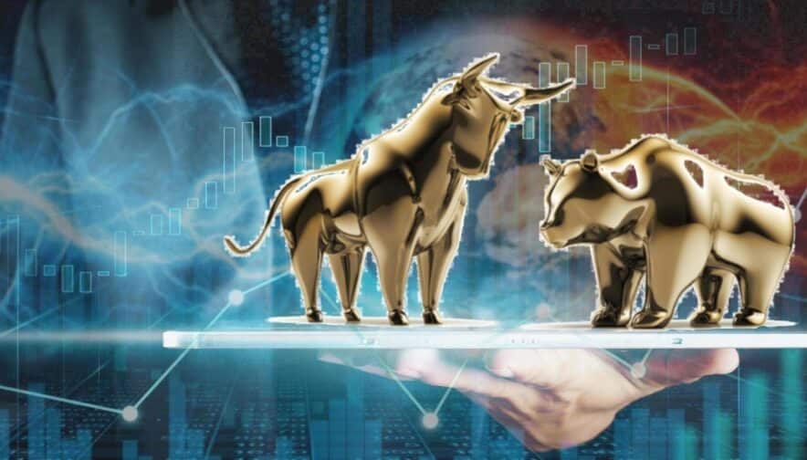 bull and bear fighting with forex chart in background