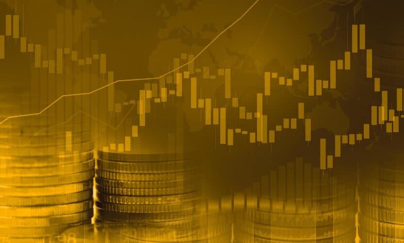 dark gold forex chart with coin overlay