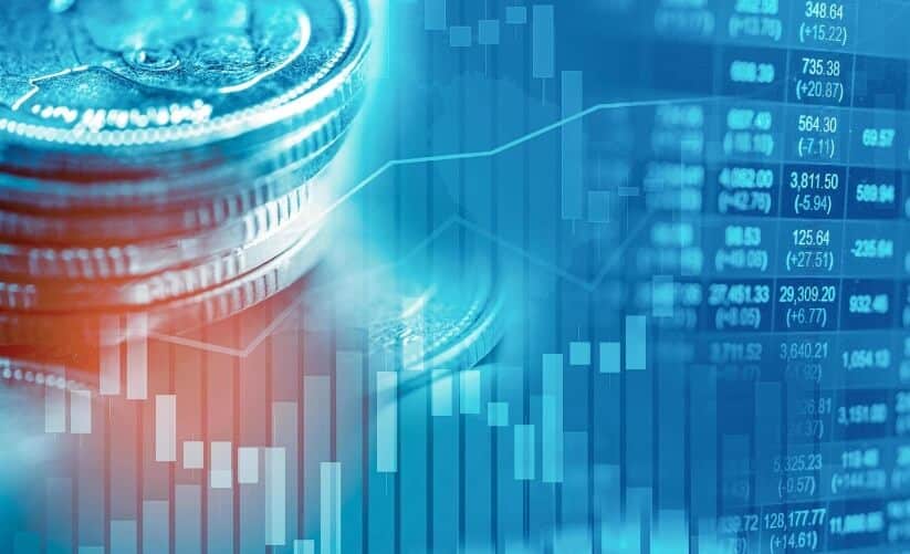 light blue forex chart with coin overlay