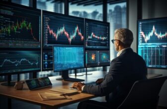 man sitting at table looking at PC with forex chart