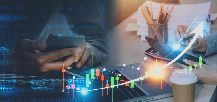 different aspects of people working on forex with chart overlay going up