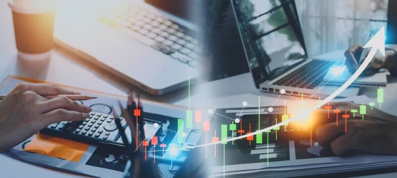 laptop showing forex with overlay and arrow going up