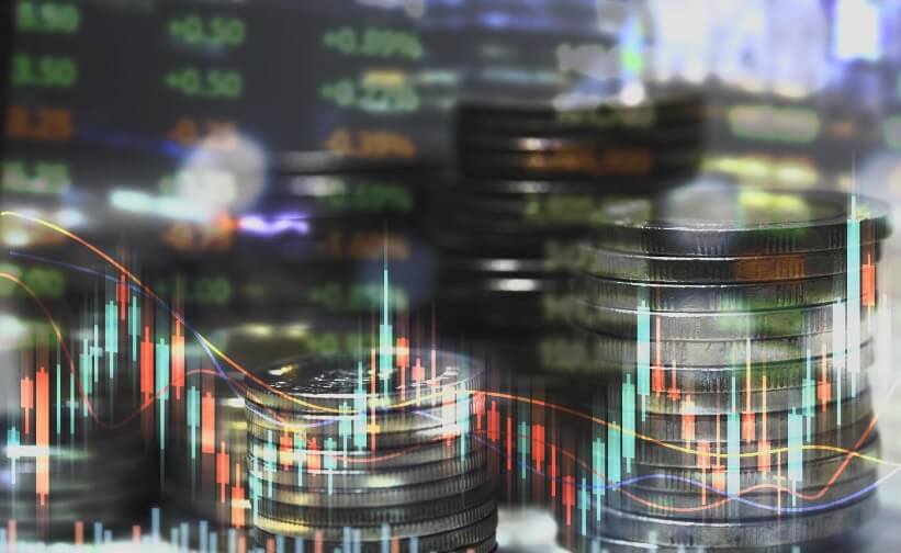 stacked coins with forex overlay and price numbers