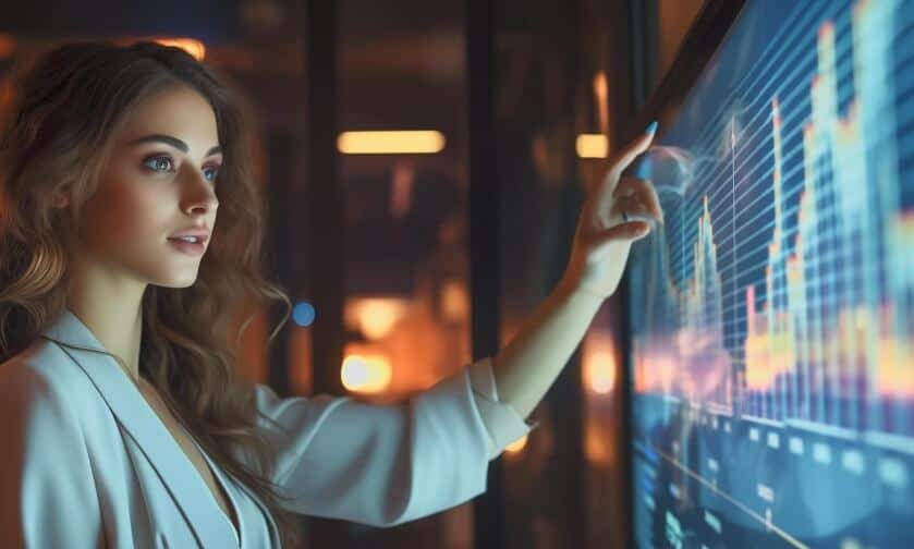 woman pointing on forex screen