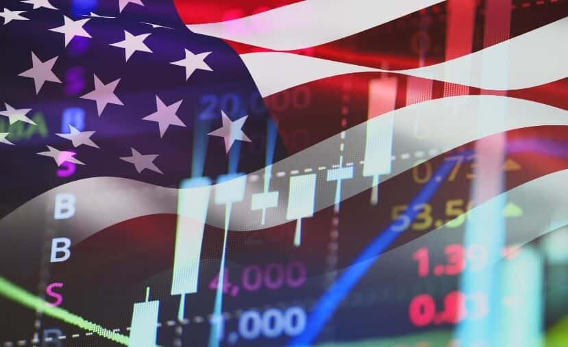 US flag behind forex chart