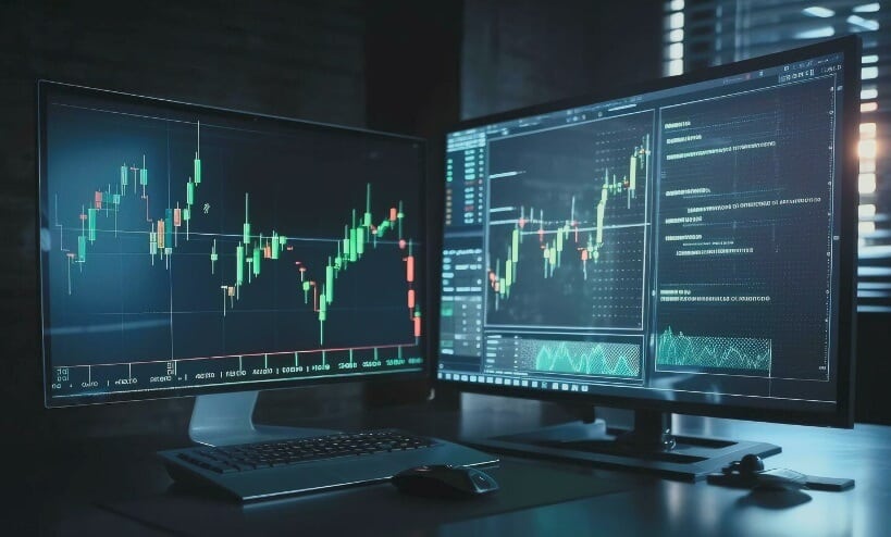 two screens showing bluish forex chart