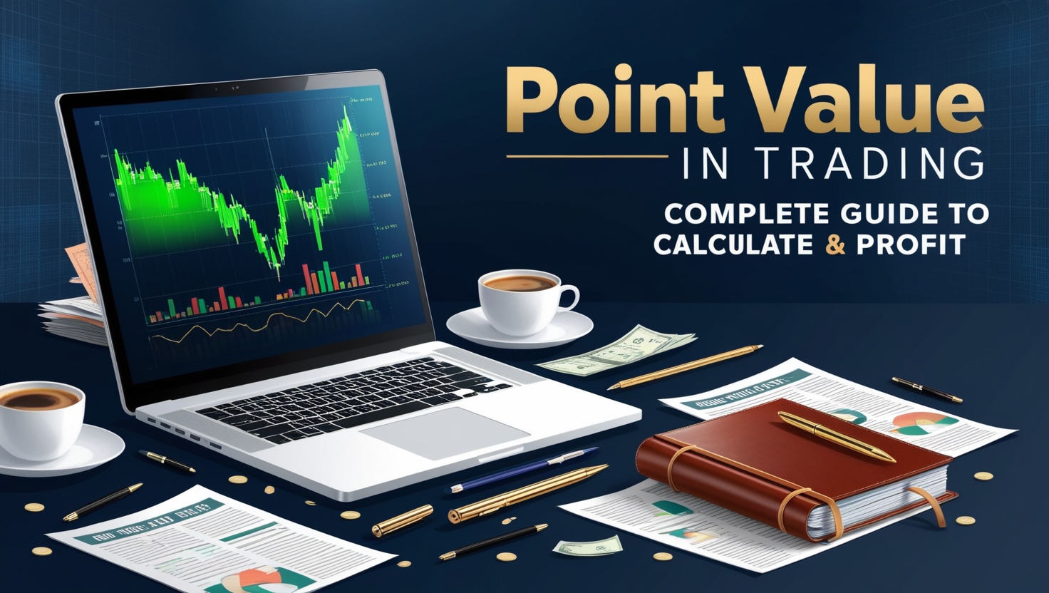 Professional trading setup highlighting the concept of point value in trading, featuring a laptop displaying green stock charts with a headline 'Point Value in Trading' above. The scene includes a coffee cup, financial documents, a leather-bound notebook, gold coins, and writing instruments, all arranged on a dark blue surface, conveying a detailed guide to calculating and profiting from point value in trading.
