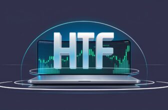 The image visually represents the concept of "HTF" in trading, with a futuristic design featuring a laptop, a digital stock chart, and bold 3D text. "HTF" stands for **Higher Time Frame**, a term used in trading to analyze broader market trends by looking at longer timeframes, such as daily, weekly, or monthly charts, rather than shorter intraday charts. This approach helps traders identify major trends, key support/resistance levels, and overall market direction before executing trades on lower time frames.