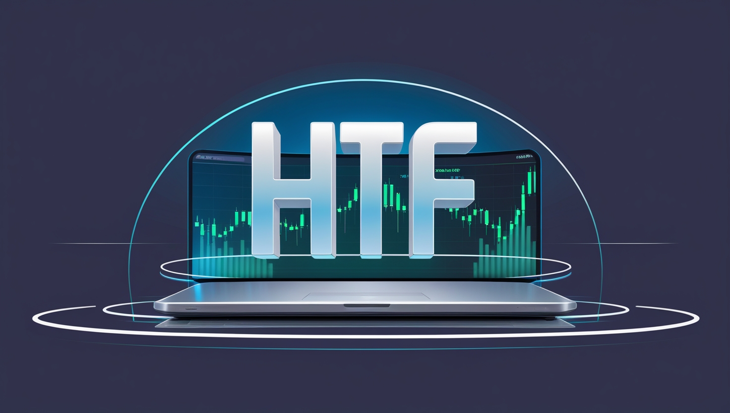 The image visually represents the concept of "HTF" in trading, with a futuristic design featuring a laptop, a digital stock chart, and bold 3D text. "HTF" stands for **Higher Time Frame**, a term used in trading to analyze broader market trends by looking at longer timeframes, such as daily, weekly, or monthly charts, rather than shorter intraday charts. This approach helps traders identify major trends, key support/resistance levels, and overall market direction before executing trades on lower time frames.