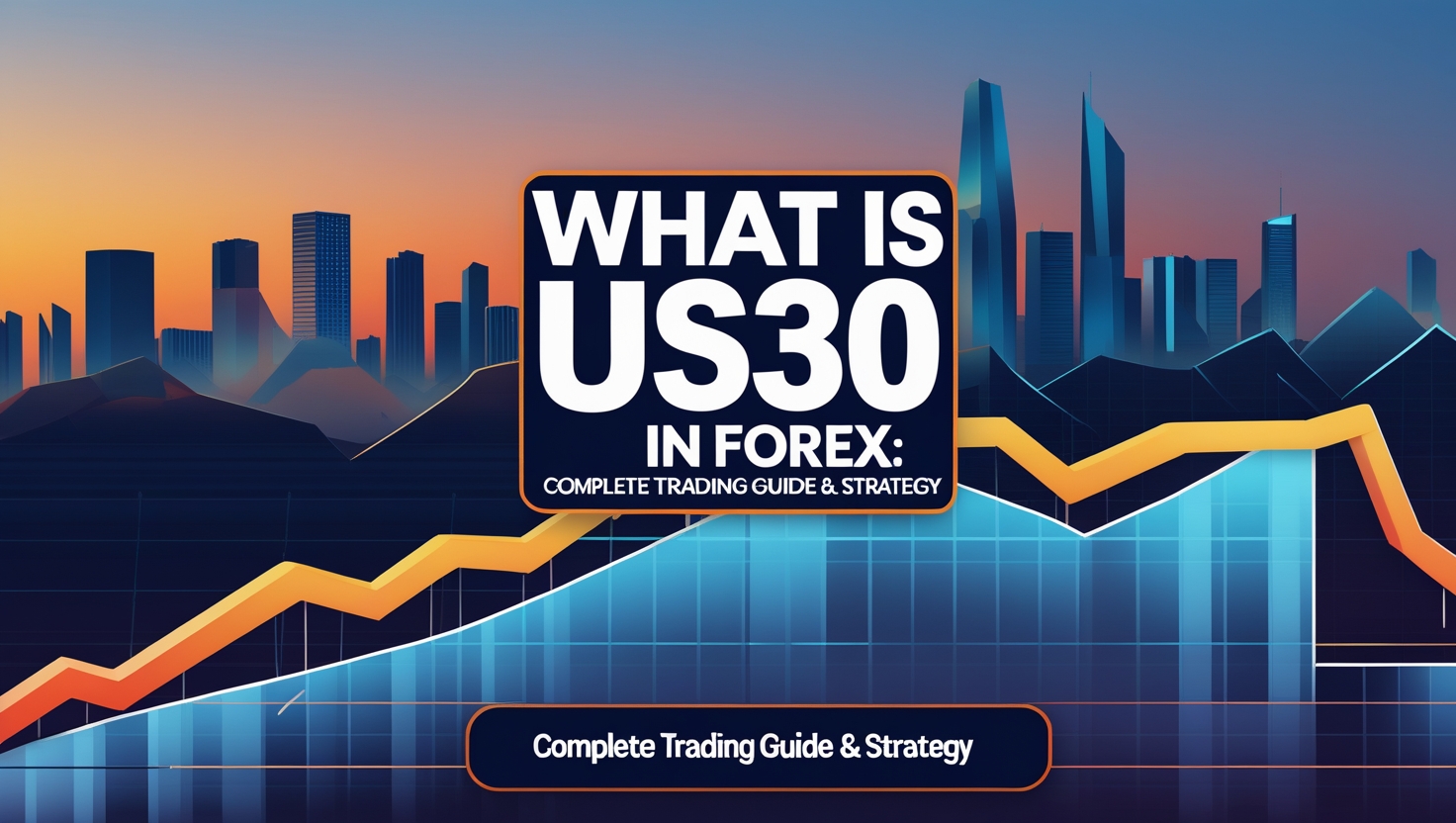 A digital graphic banner illustrating 'What is US30 in Forex: Complete Trading Guide & Strategy'. The background features an abstract cityscape at sunset with silhouette skyscrapers. Foreground includes a dynamic orange and blue chart with upward and downward trends, highlighting the fluctuations of the US30 index in the forex market. The prominent text block in the center is designed to catch the viewer's attention for educational content on forex trading strategies related to the US30.
