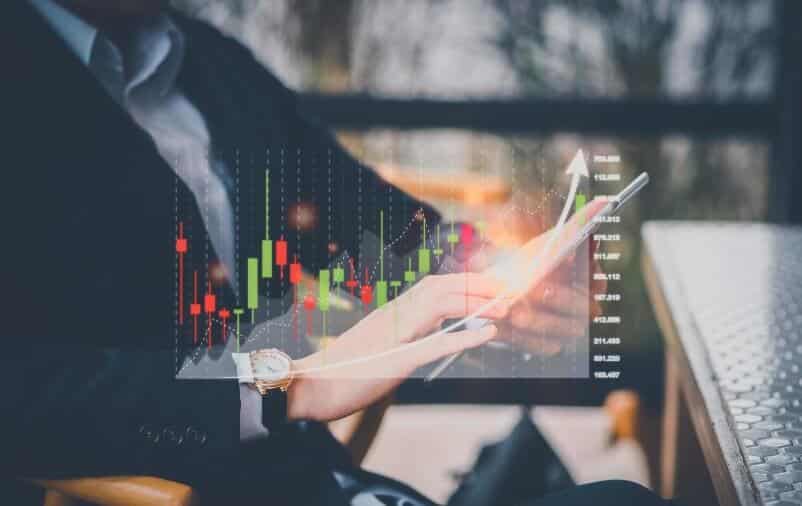 overlay of virtual forex chart and person