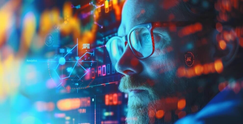 face with virtual forex chart overlay