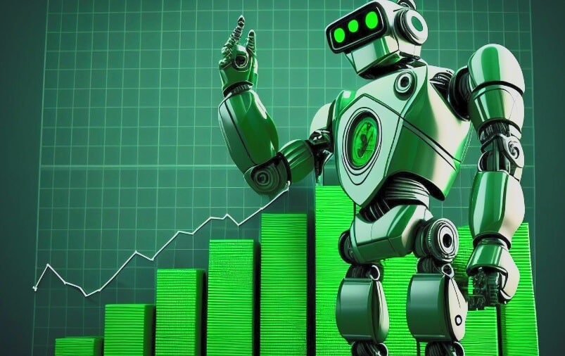 robot standing in front of green price action chart