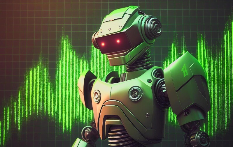green robot standing in front of forex chart
