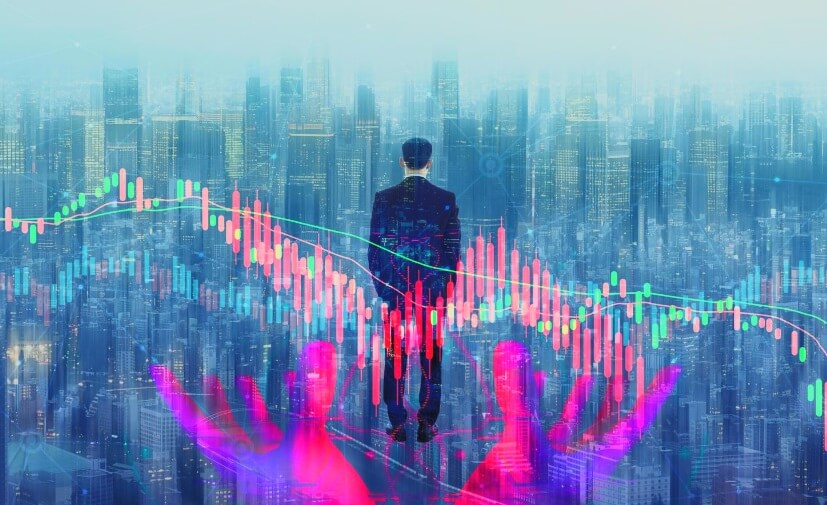 man looking at city with forex chart overlay
