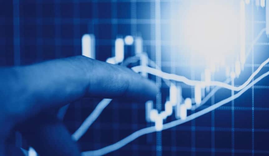 finger touching virtual blue forex chart