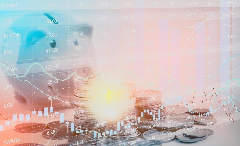 virtual forex chart in front of coins