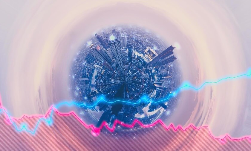 fish eye view of city and forex chart overlay