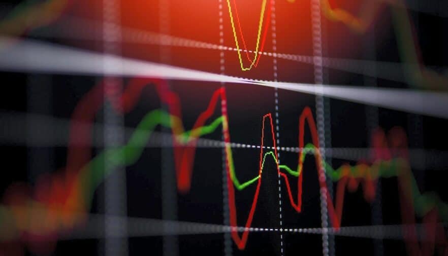 red, black and green trading chart