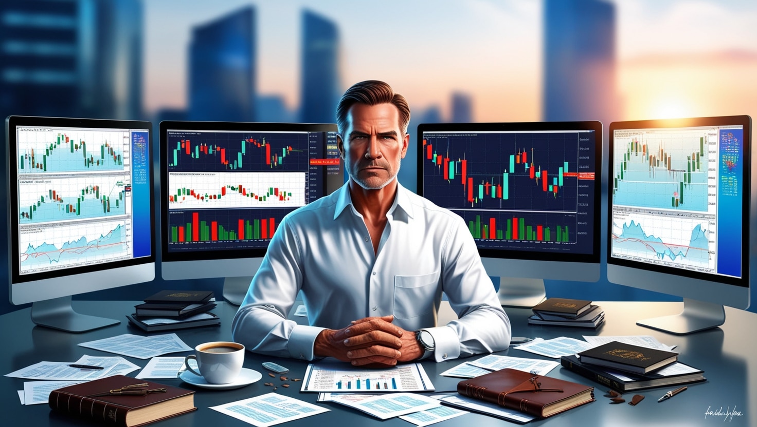 A professional trader sits at a desk surrounded by multiple computer screens displaying various forex trading indicators and candlestick charts, representing market trends and price movements. The background shows a modern cityscape, adding to the atmosphere of a high-stakes trading environment. The desk is cluttered with financial reports, notebooks, and a cup of coffee, emphasizing the intense focus and dedication required in the trading world.