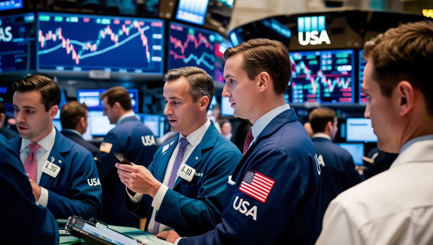 The image depicts a bustling trading floor scene with several traders wearing blue jackets marked with "USA" and an American flag patch. They are gathered around monitors displaying various financial charts, stock prices, and market trends. The traders appear focused, some looking at handheld devices or discussing market movements with colleagues. The screens in the background display multiple graphs and data, suggesting a dynamic and active market environment, likely related to U.S. stock or election markets.