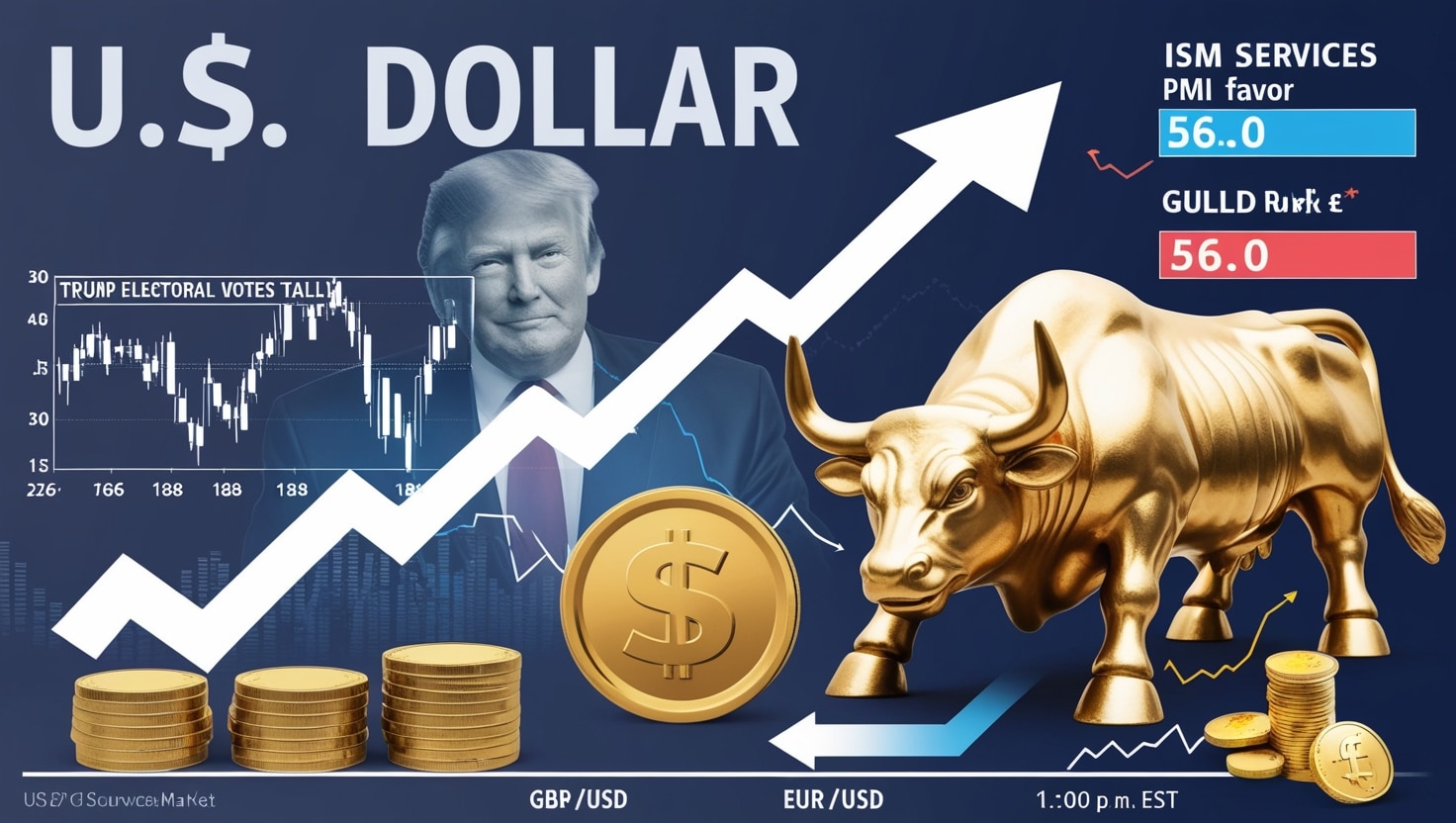 Financial market illustration showing U.S. Dollar trends. The image features a white upward-trending arrow, stacks of gold coins, a large golden dollar coin, and the Wall Street bull statue in gold. There are currency pair indicators for GBP/USD and EUR/USD, along with ISM Services PMI data showing 56.0. The background includes a stock chart labeled 'Trump Electoral Votes Tally' and displays a dark blue gradient. Market metrics are shown at 1:00 p.m. EST with the GULLD rate at 56.0.