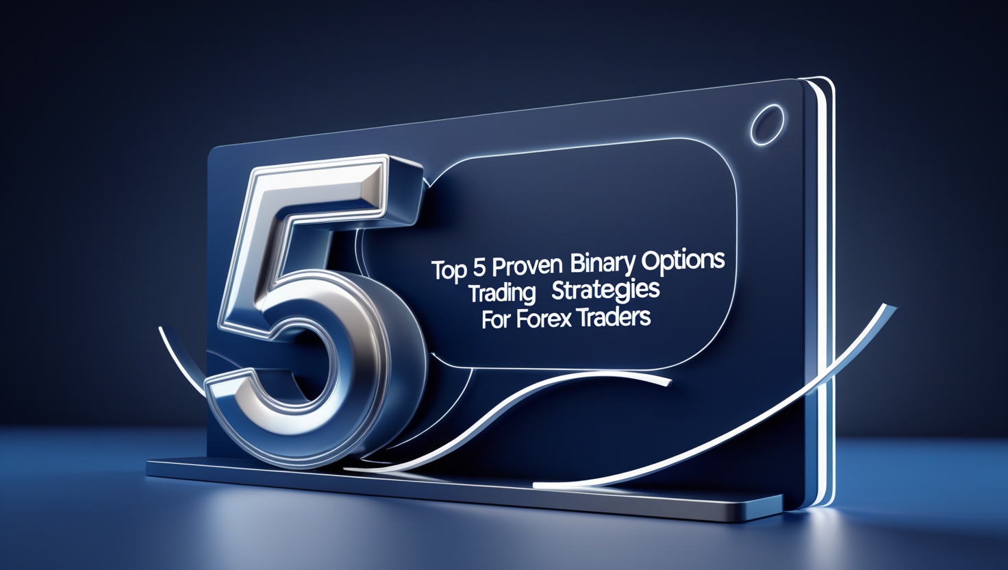 A futuristic, high-contrast digital banner displaying the text 'Top 5 Proven Binary Options Trading Strategies for Forex Traders' in bold, illuminated typography. The large metallic number '5' is prominently featured in the foreground, symbolizing the five best binary options trading strategies. The background consists of a sleek, dark blue and silver theme with neon-like light accents, giving the image a modern and technology-driven feel. The design conveys a professional and sophisticated approach to binary options trading, appealing to forex traders seeking profitable strategies.