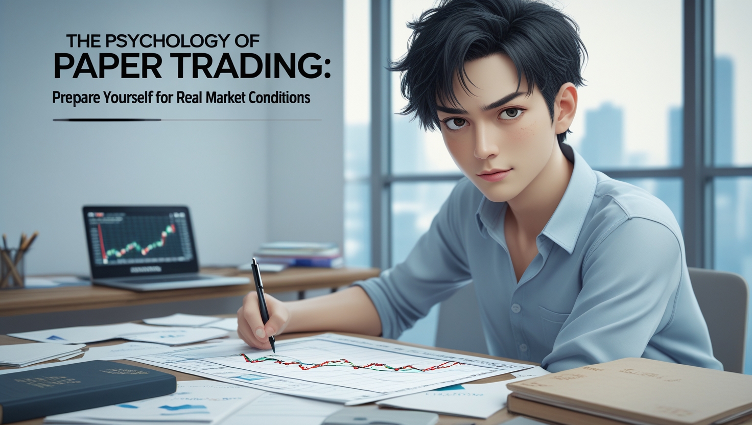 A focused young trader practicing paper trading at his desk, analyzing stock market charts and financial data in a modern office setting