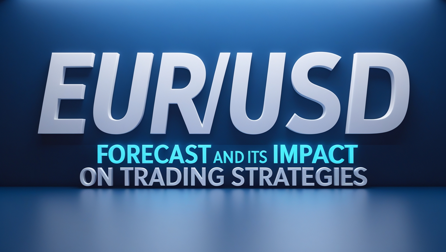 A sleek and modern 3D-rendered banner displaying the text 'EUR/USD Forecast and Its Impact on Trading Strategies' in bold white and blue letters against a dark blue gradient background, illuminated with soft lighting.