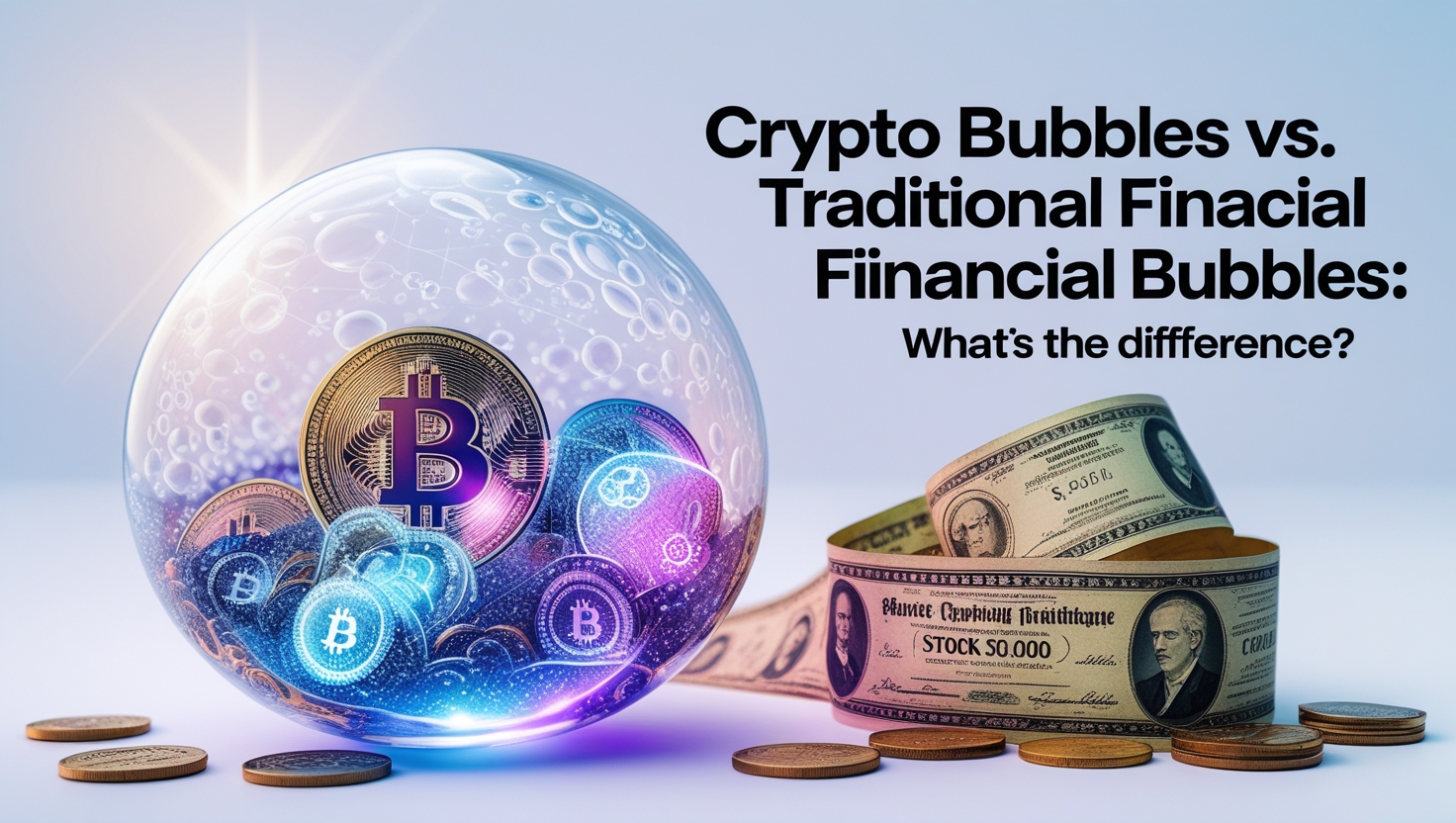 A visually striking digital illustration comparing crypto bubbles to traditional financial bubbles. The image features a transparent bubble filled with Bitcoin coins and glowing cryptocurrency symbols, representing the speculative nature of crypto markets. Adjacent to the bubble, rolled-up stock certificates and dollar bills symbolize traditional financial markets. The background is a soft gradient with a light burst effect, enhancing the futuristic and speculative theme. Overlaying the image is the bold title 'Crypto Bubbles vs. Traditional Financial Bubbles: What’s the Difference?' with a noticeable typo in 'Financial.