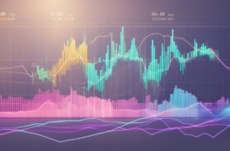 A digital financial chart displaying colorful candlestick patterns, bar graphs, and trend lines in shades of blue, pink, yellow, and purple. The chart represents forex market trends with fluctuating price movements and trading volume indicators in a futuristic design.