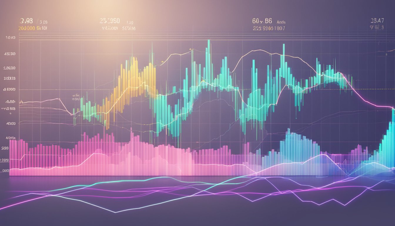 A digital financial chart displaying colorful candlestick patterns, bar graphs, and trend lines in shades of blue, pink, yellow, and purple. The chart represents forex market trends with fluctuating price movements and trading volume indicators in a futuristic design, Forex Market Trends.