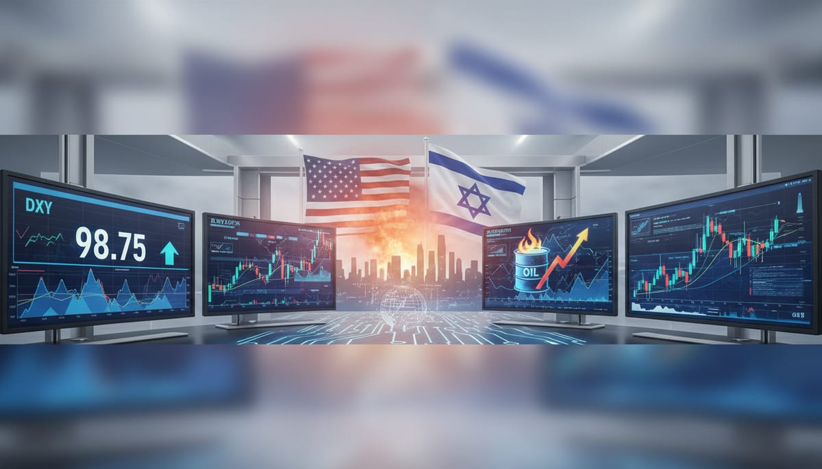 US-Israel Strikes on Iran Drive DXY to 98.75, Oil Fears Spike - editorial illustration